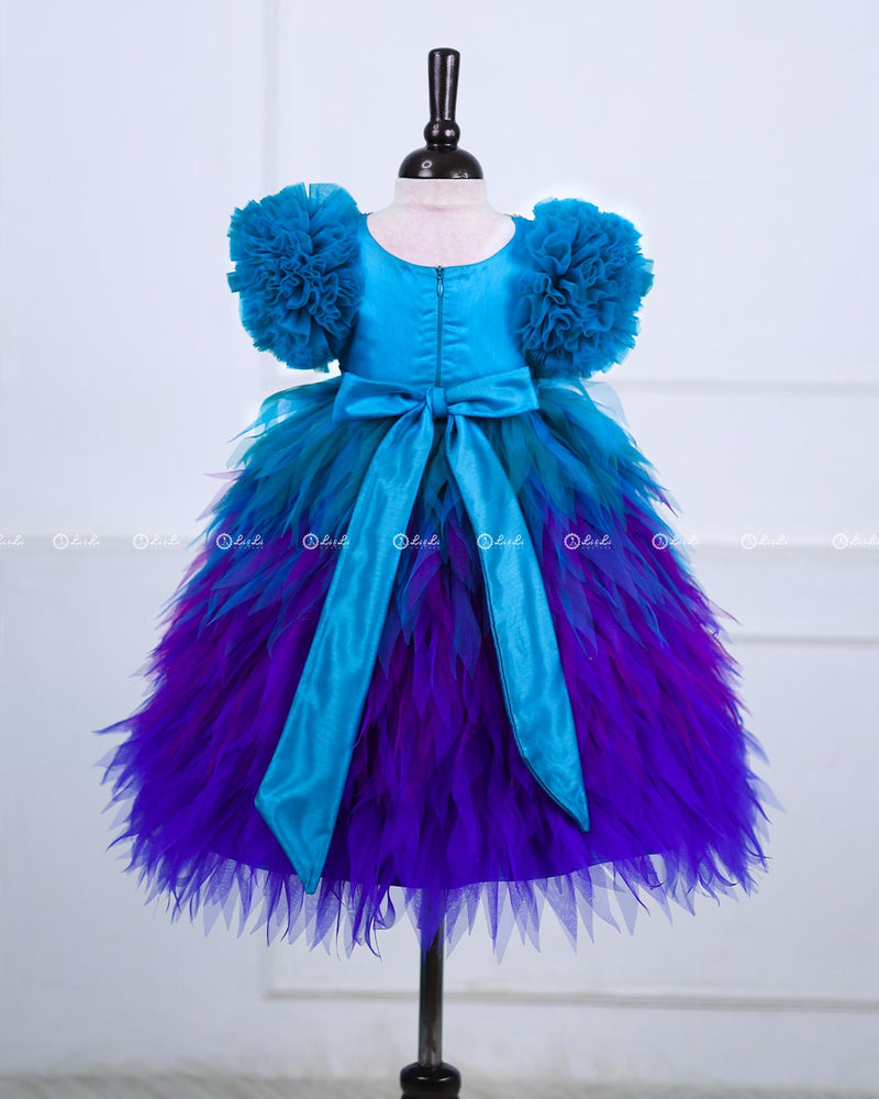 Peacock Double Shaded Feather Frilled Gown With Rich Golden Bead Work Gown