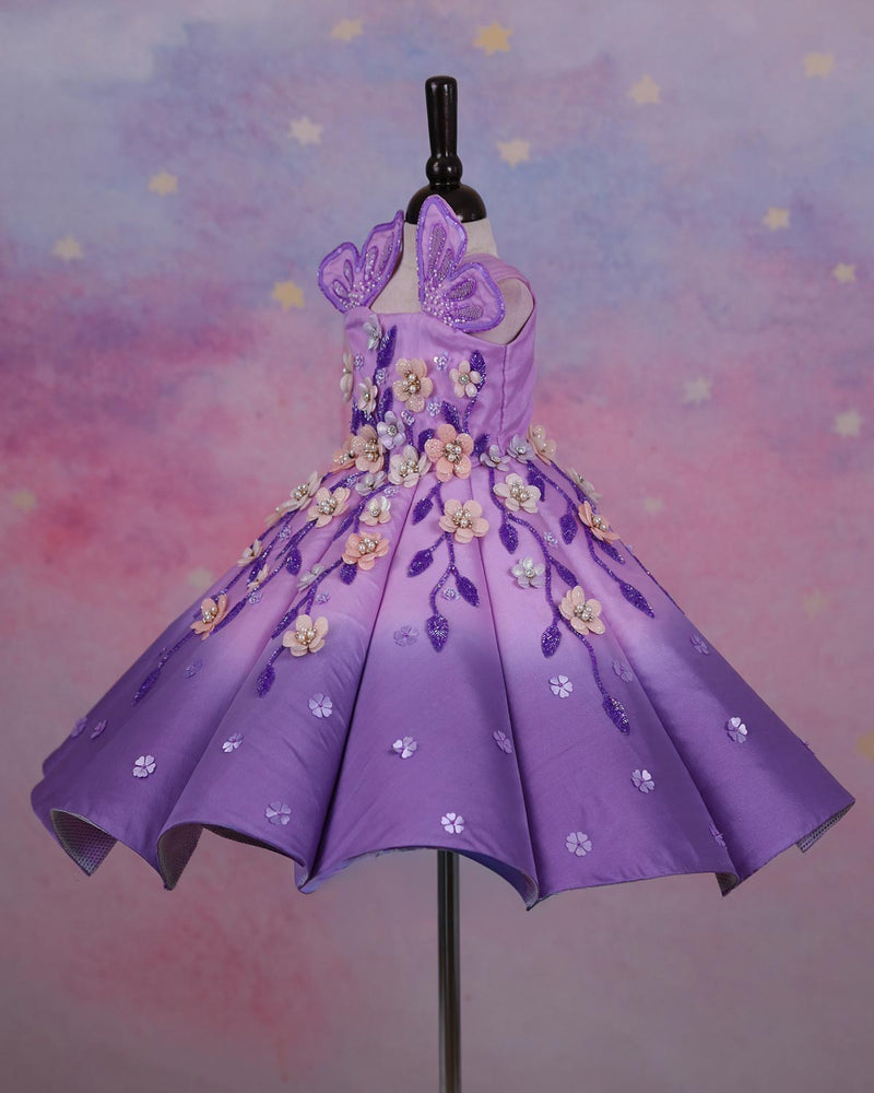 Lavender Pink and Dusty Lavender Panel  Gown with Heavy Embellished Flowers