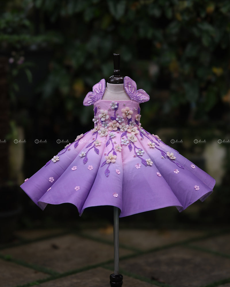 Cherry Blossom and Dusty Lavender Panel  Gown with Heavy Embellished Flowers