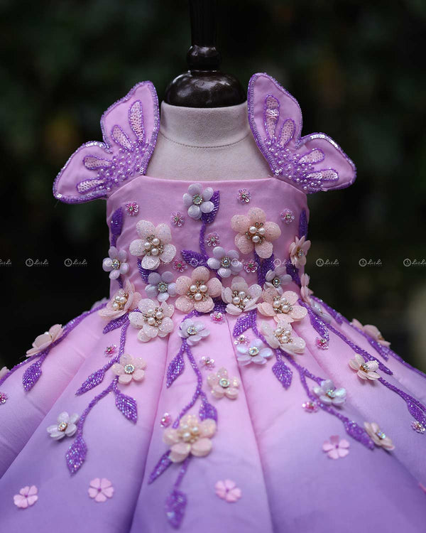 Cherry Blossom and Dusty Lavender Panel  Gown with Heavy Embellished Flow