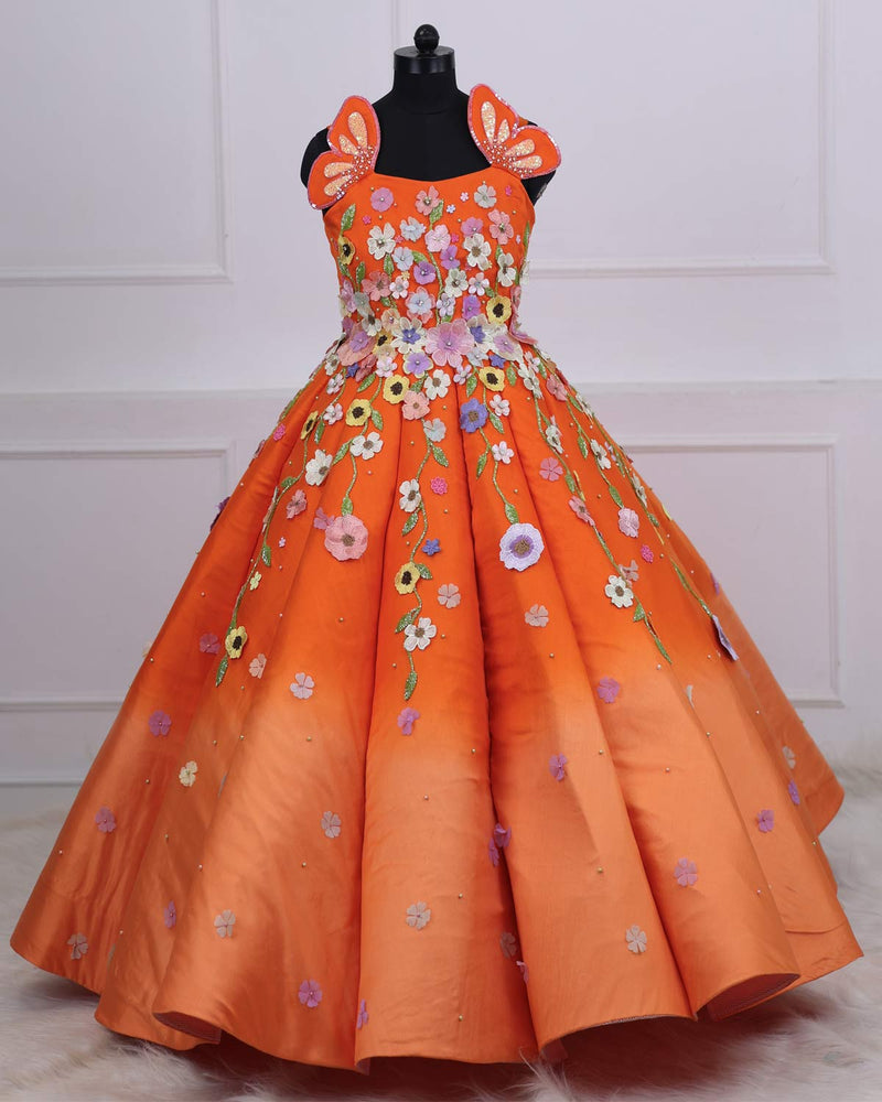 Dark Orange and Light orange Gown with Heavy Embellished Flowers