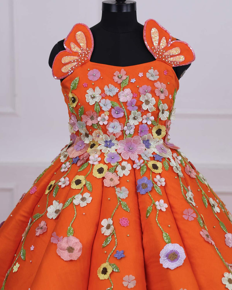 Dark Orange and Light orange Gown with Heavy Embellished Flowers