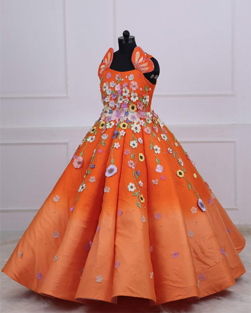 Dark Orange and Light orange Gown with Heavy Embellished Flowers
