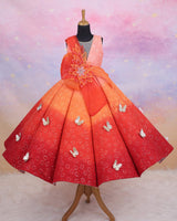 Dark Orange and Light Orange Double Shaded Panel Gown with Fabric Manipulated Twirled Detachable Belt.