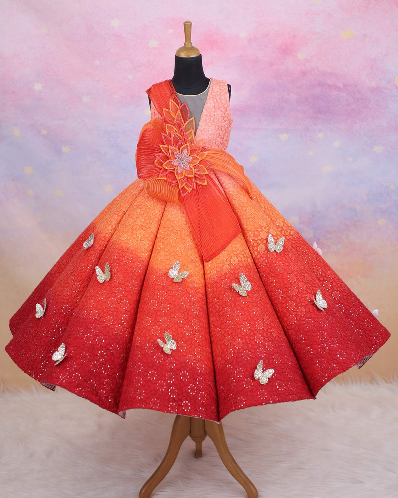 Dark Orange and Light Orange Double Shaded Panel Gown with Fabric Manipulated Twirled Detachable Belt.
