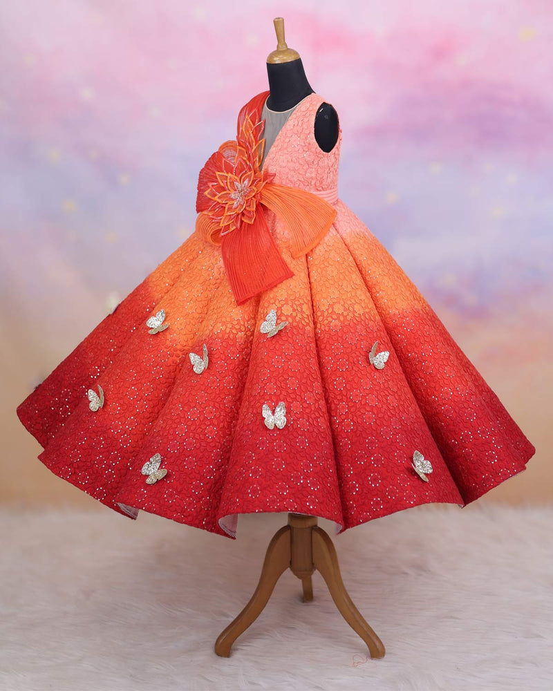 Dark Orange and Light Orange Double Shaded Panel Gown with Fabric Manipulated Twirled Detachable Belt.