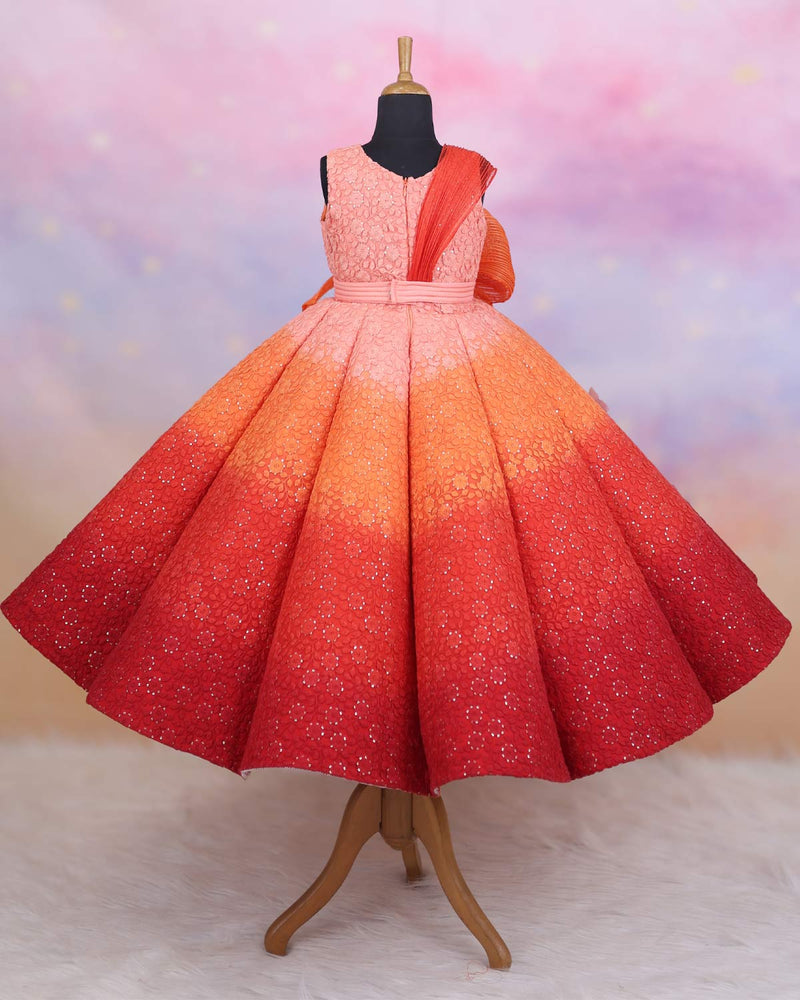 Dark Orange and Light Orange Double Shaded Panel Gown with Fabric Manipulated Twirled Detachable Belt.