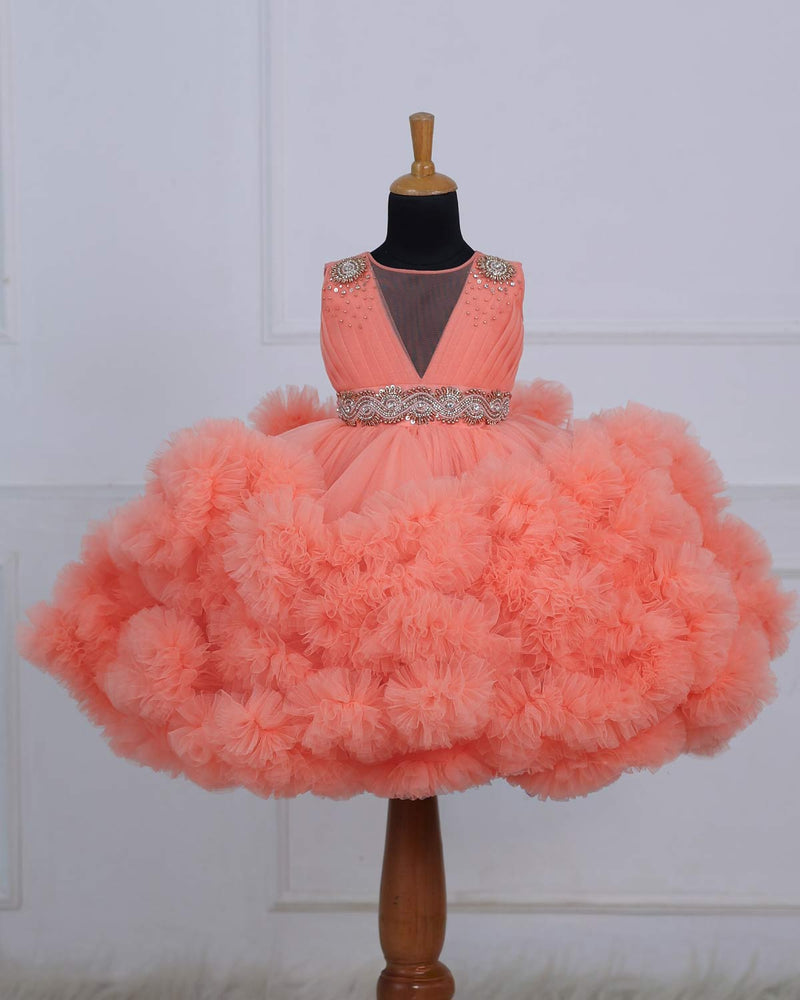 Flamingo Peach Cloudy Frilled Gown with Handcrafted Beaded Waistline.