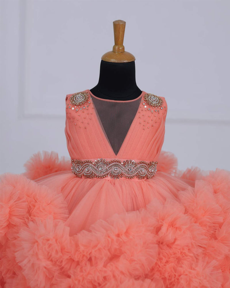 Flamingo Peach Cloudy Frilled Gown with Handcrafted Beaded Waistline.