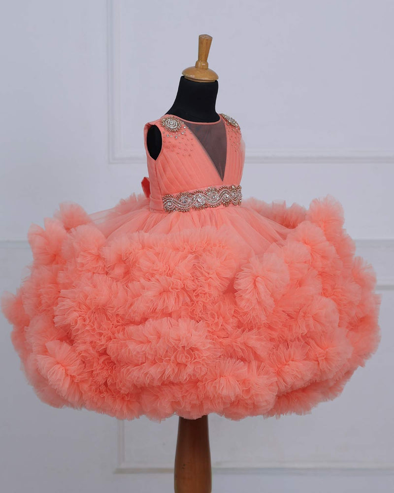 Flamingo Peach Cloudy Frilled Gown with Handcrafted Beaded Waistline.