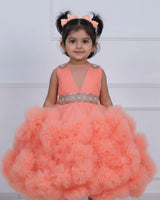 Flamingo Peach Cloudy Frilled Gown with Handcrafted Beaded Waistline.
