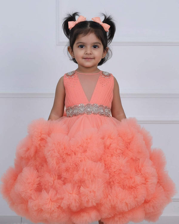 Flamingo Peach Cloudy Frilled Gown with Handcrafted Beaded Waistline.