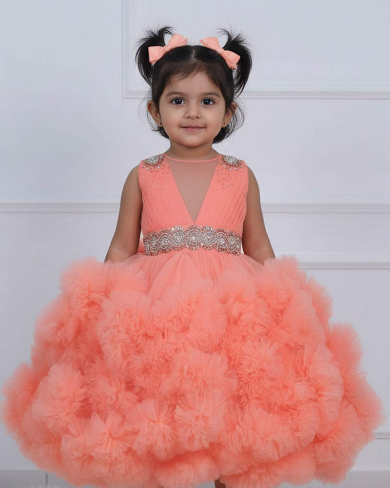 Flamingo Peach Cloudy Frilled Gown with Handcrafted Beaded Waistline.