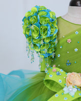 Lime–Turquoise Floral Twirl Gown with Handcrafted Bows, Crystal Hangings & Veil
