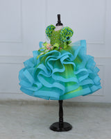 Lime–Turquoise Floral Twirl Gown with Handcrafted Bows, Crystal Hangings & Veil