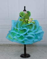Lime–Turquoise Floral Twirl Gown with Handcrafted Bows, Crystal Hangings & Veil