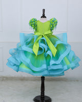 Lime–Turquoise Floral Twirl Gown with Handcrafted Bows, Crystal Hangings & Veil