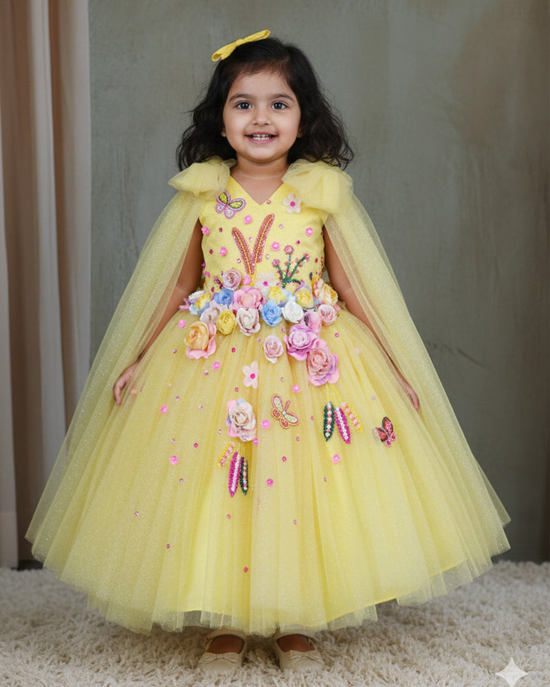 Dreamy Yellow Floral Embellished Princess Gown Online | Handcrafted Kid's  Gowns Online | Girls Party Wear Online  www.liandli.in