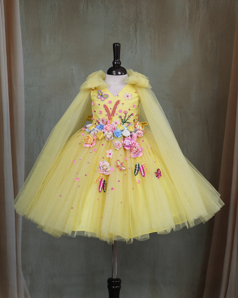 Dreamy Yellow Floral Embellished Princess Gown Online | Handcrafted Kid's  Gowns Online