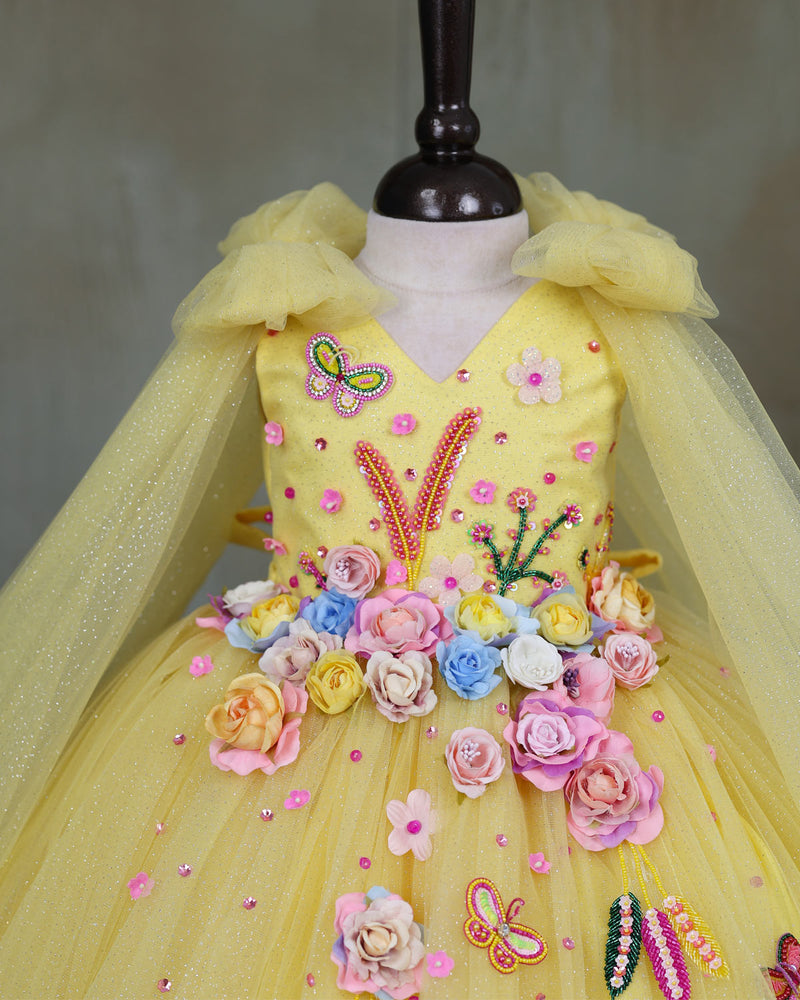 Dreamy Yellow Floral Embellished Princess Gown Online | Handcrafted Kid's  Gowns Online