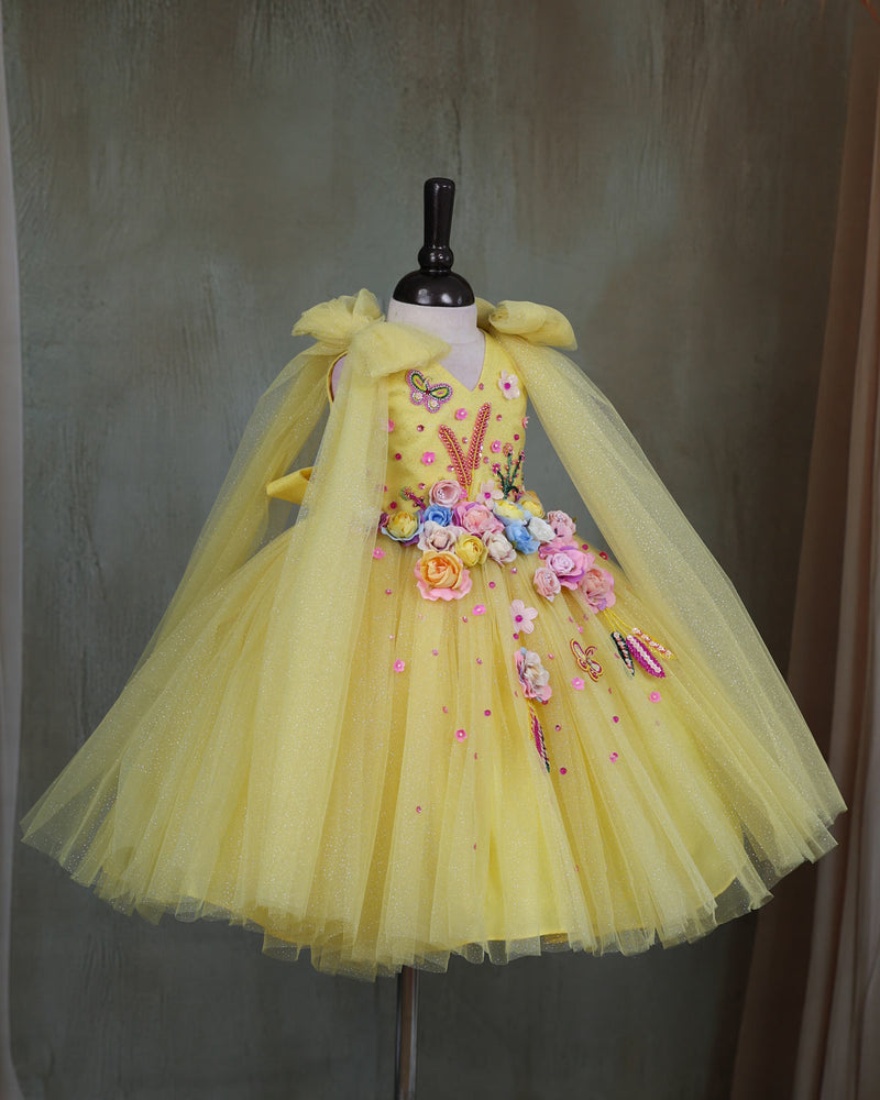 Dreamy Yellow Floral Embellished Princess Gown Online | Handcrafted Kid's  Gowns Online | Girls Party Wear Online  www.liandli.in