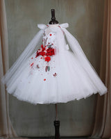Enchanted White Princess Gown with Beautiful Red Flowers