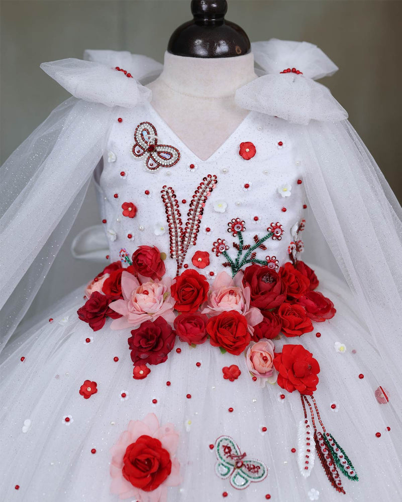 white dress red floral Kid's Frill Gown Online | Handcrafted Kid's Gowns Online
