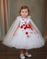 Enchanted White Princess Gown with Beautiful Red Flowers