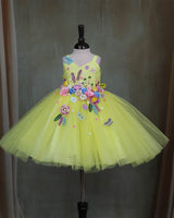 Radiant Yellow Princess Gown Highlighted with Hand-Embellished Flowers