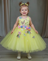 Radiant Yellow Princess Gown Highlighted with Hand-Embellished Flowers