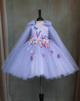Ash Blue Princess Gown with Floral Embellishments