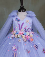 Ash Blue Princess Gown with Floral Embellishments