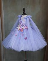 Ash Blue Princess Gown with Floral Embellishments
