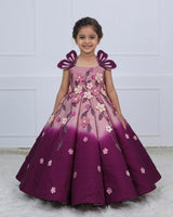 Dark Plum Purple & Onion Pink Panel Gown — Heavy Embellished Floral Elegance