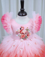 Multi-Shaded Feather Frill Gown with Flamingo Appliqué highlighted with handwork