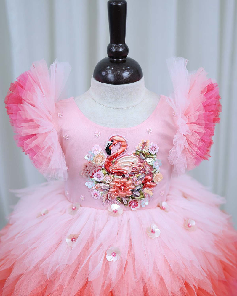 Multi-Shaded Feather Frill Gown with Flamingo Appliqué highlighted wit –  www.liandli.in