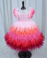 Multi-Shaded Feather Frill Gown with Flamingo Appliqué highlighted with handwork