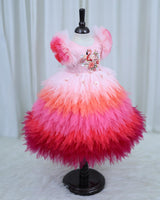 Multi-Shaded Feather Frill Gown with Flamingo Appliqué highlighted with handwork