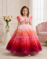Multi-Shaded Feather Frill Gown with Flamingo Appliqué highlighted with handwork