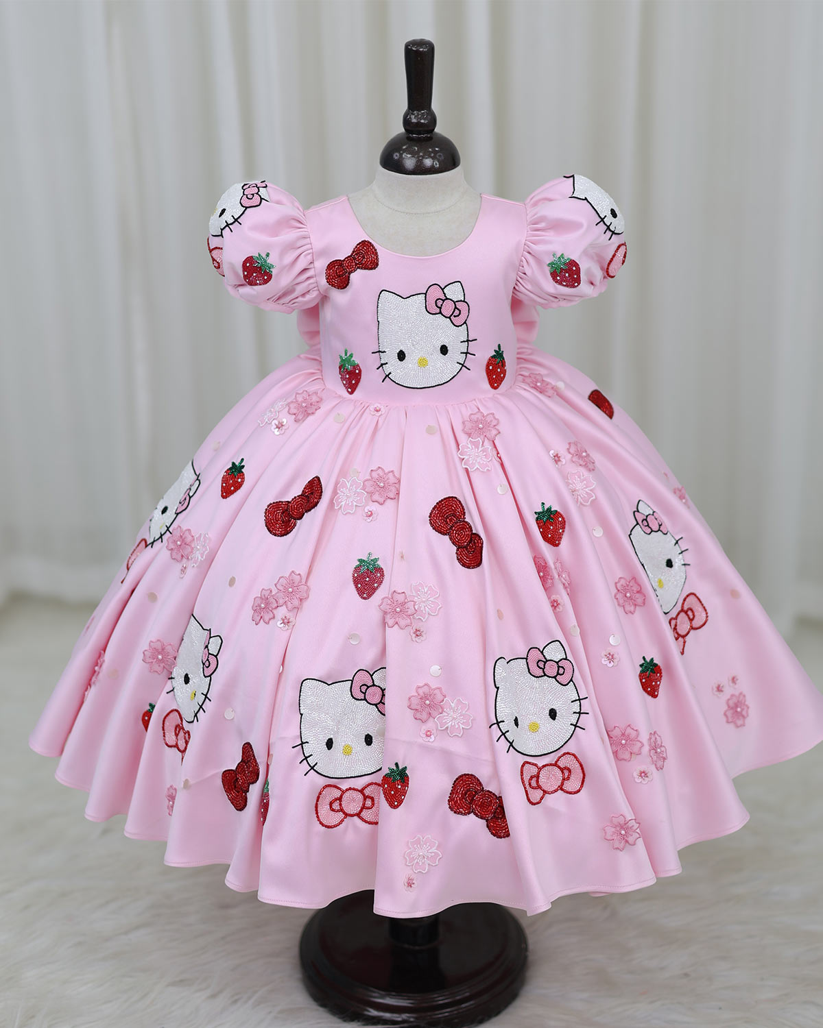 Satin Puff-Sleeve Sequin Character-Themed Hello Kitty Full-Length Gown www.liandli.in Satin Puff-Sleeve Sequin Character-Themed Hello Kitty Full-Length Gown www.liandli.in