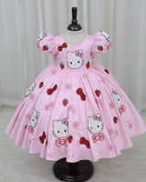 Satin Puff-Sleeve Sequin Character-Themed Hello Kitty Full-Length Gown - Baby Pink