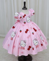 Satin Puff-Sleeve Sequin Character-Themed Hello Kitty Full-Length Gown - Baby Pink