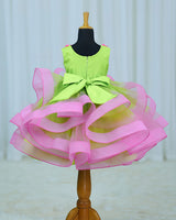 Net Sleeveless Twirl-Layered Floral Full-Length Gown – Lime Green & Pink(New)