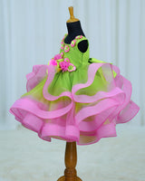 Net Sleeveless Twirl-Layered Floral Full-Length Gown – Lime Green & Pink(New)