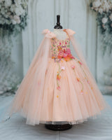 Net Sleeveless Princess Character Full-Length Gown with Sleeve Trails & Detachable Bow- Peach(New)(Bestseller)