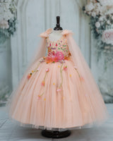 Net Sleeveless Princess Character Full-Length Gown with Sleeve Trails & Detachable Bow- Peach(New)(Bestseller)