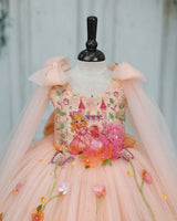 Net Sleeveless Princess Character Full-Length Gown with Sleeve Trails & Detachable Bow- Peach(New)(Bestseller)