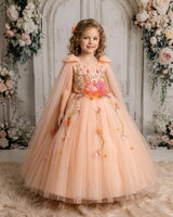 Net Sleeveless Princess Character Full-Length Gown with Sleeve Trails & Detachable Bow- Peach(New)(Bestseller)