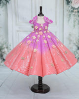Sequined Sleeveless Crown-Patch Butterfly Floral Full Length Panel Gown - Orchid & Peach(New)