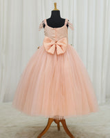 Net Princess Character Full-Length Gown with Hand-Worked Draped Sleeve & Detachable Bow- Peach(New)